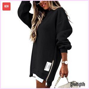 Oversized Long Sleeve Zipper Slit Sweatshirt, Polyester Blend, Drop Shoulder